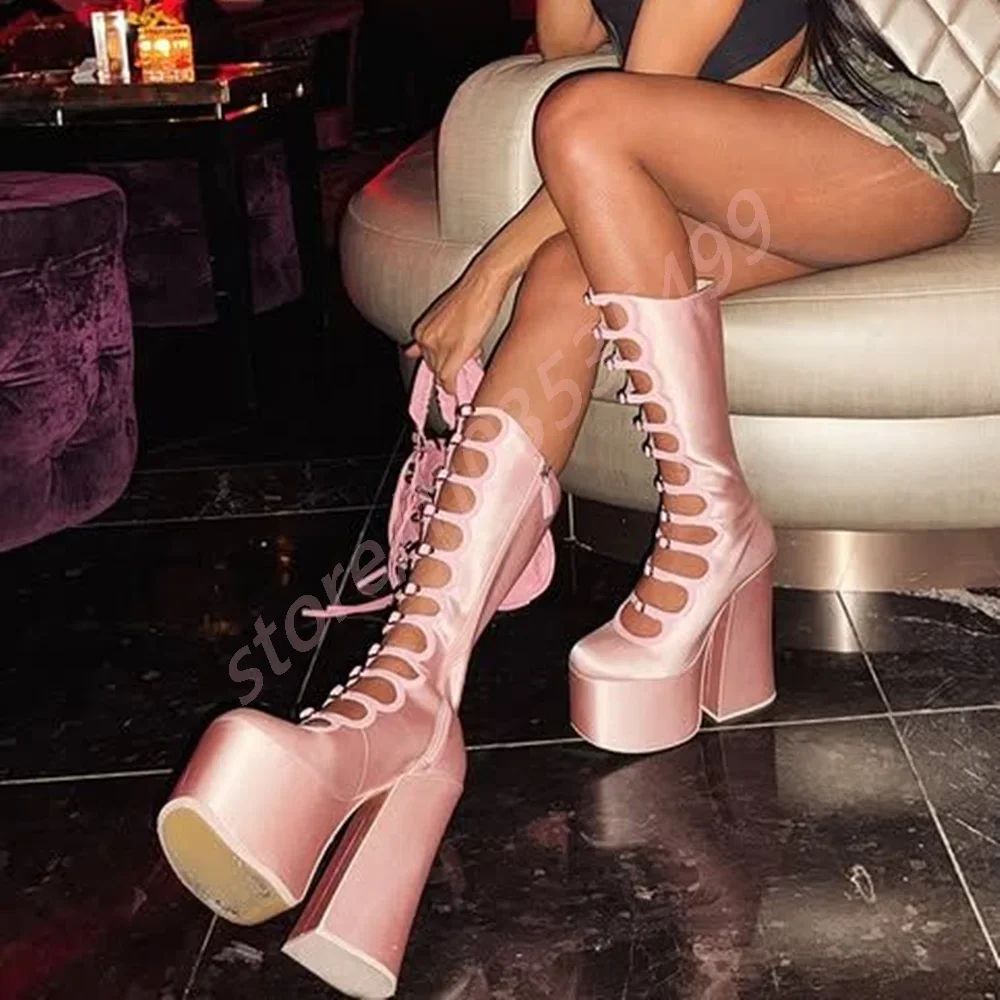 

Platform Belt Buckle Summer Roman Women's Boots 2025 Round Hollow Sexy Catwalk Calf Boots Fashion Party Casual Thick High Heels