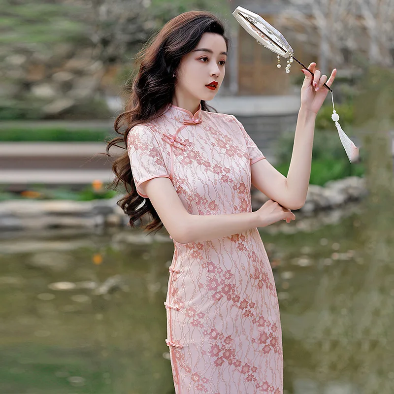 

Summer New Lace Embroidery Women Social Etiquette Dress Lady Short Sleeve Qipao Female Chinese Traditional Cheongsam