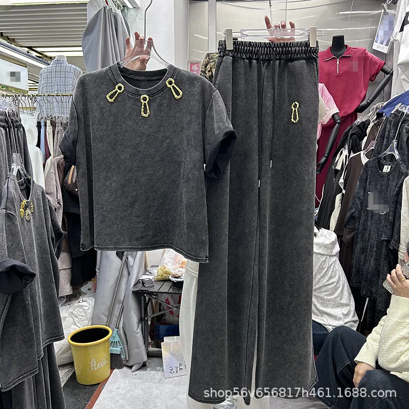Fashion Black Grey Women Two-piece Set Spring Summer Short Sleeve T-shirt Crop Top + Elastic High Waist Casual Wide Leg Pants view 2