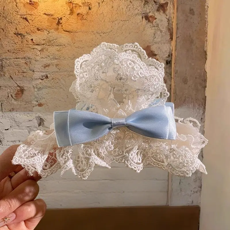 

Sweet Princess Party Performance Shopping Shark Clip Lace Grip Clip Hair Claw with Blue Bow Women's High End Hair Accessories