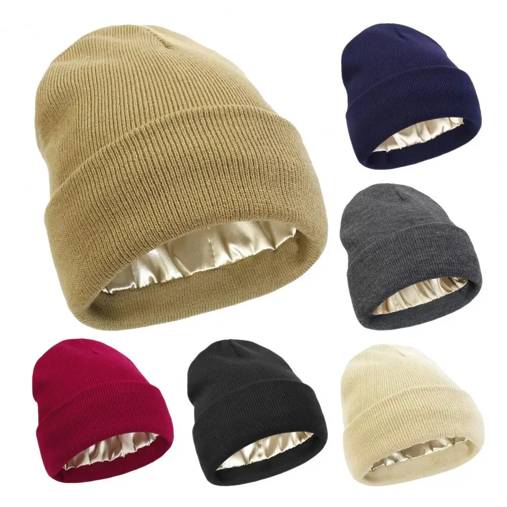 Satin Lined Knit Hat for Women, Fashion Stretchy Hat for Frizz-free Hair Protection Elastic Daily Wear Caps Gift for Friends