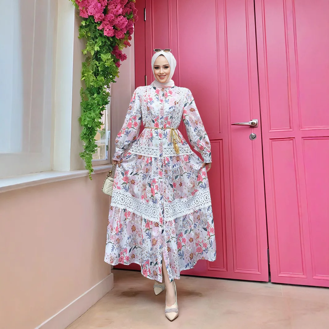 Printemps mode musulmane Abaya Vintage tunique décontracté robe mi-longue femmes lanterne manches Empire Patchwork imprimé évider robe en dentelle
