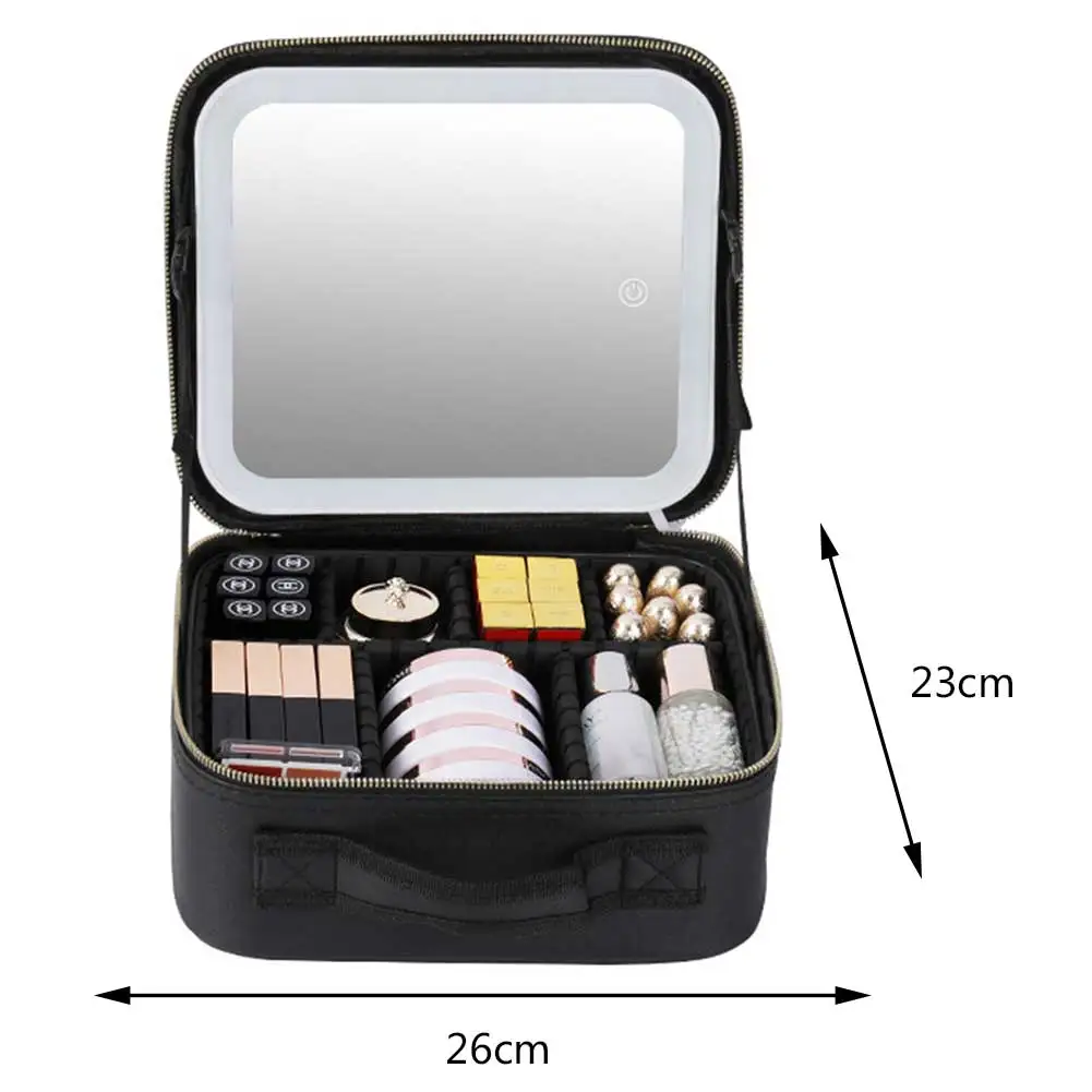 Smart LED Cosmetic Case with Mirror Travel Makeup Bags Large Capacity Fashion Simple PU Leather Casual for Weekend Vacation