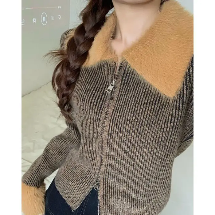 

Women Y2k Autumn Winter Vintage Polo Collar Short Knitted Sweater Jacket Woman Chic Long Sleeve Slim Double Zipper Cardigan