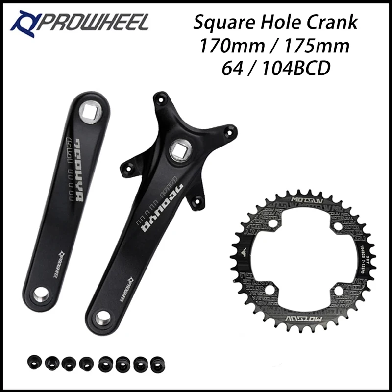 PROWHEEL Bicycle Square Hole Sprocket 104BCD 170/175mm Crank + MOT Narrow Chainrings 32T 34T 36T 38T MTB Crankset