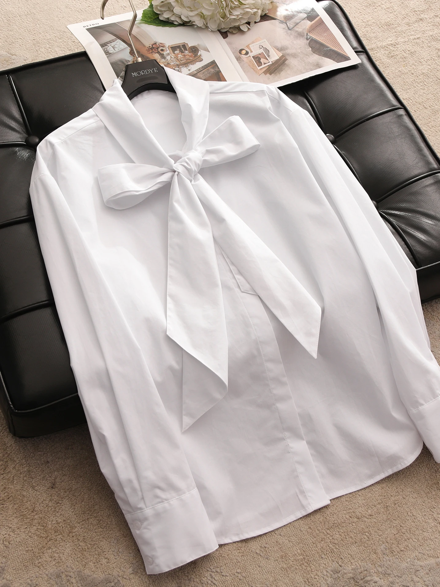

White Long Sleeve Shirt High Yarn Cotton Knot Lantern Style Top Women's Comfortable Breathable Slimming Spring Fashion
