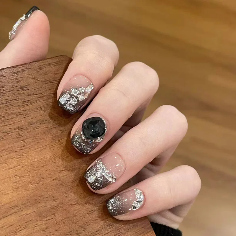 

24Pcs Short Square Press on Nails - Black Ombre Full Cover Rhinestones | Intricate Glitter Stacked Design