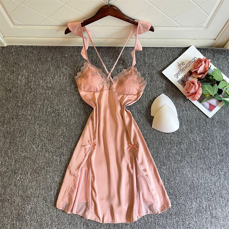 Nightgown Women Gown Sleepdress Sexy Lace Nighty Robe Spaghetti Strap Sleepwear Summer Silky Satin Nightdress Loungewear