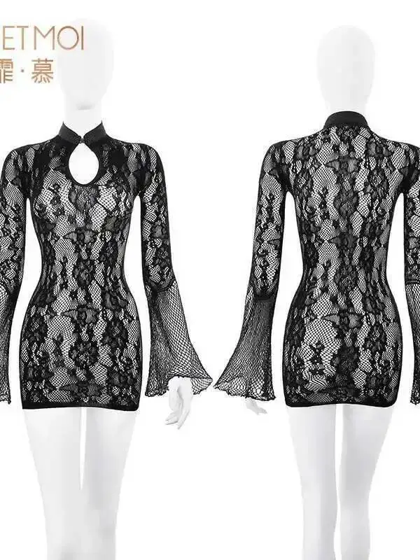 Mini abito trasparente in pizzo a rete Nuovo stile cinese Prospettiva Abito in rete Cheongsam Uniforme Sexy Puro desiderio Dolce donna coreana AOA8