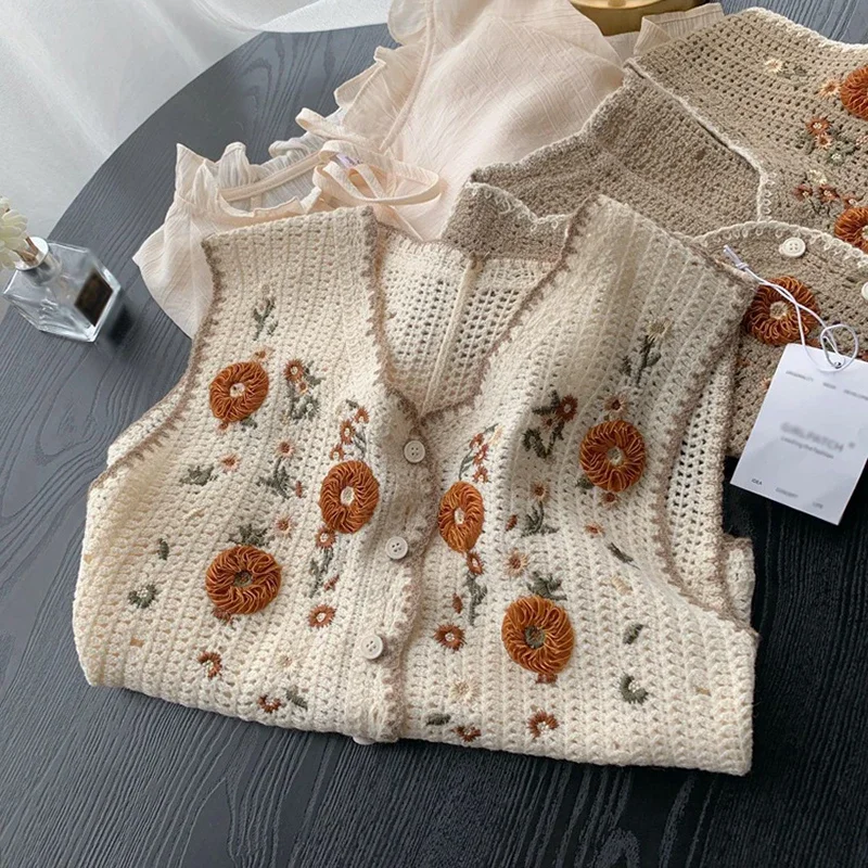 Styl duszpasterski letnia jesień damska kamizelka haft Vintage dzianinowa szydełkowa kamizelka w kwiaty kobiece swetry z dziurami kamizelka Top
