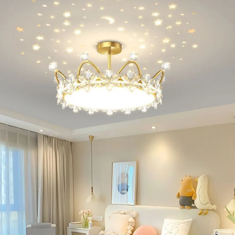 Children's Room Golden Crown Ceiling Lamps Crystal Flower Crown Lamp LED Romantic Warm Baby Room Boy Girl Bedroom Ceiling Lights