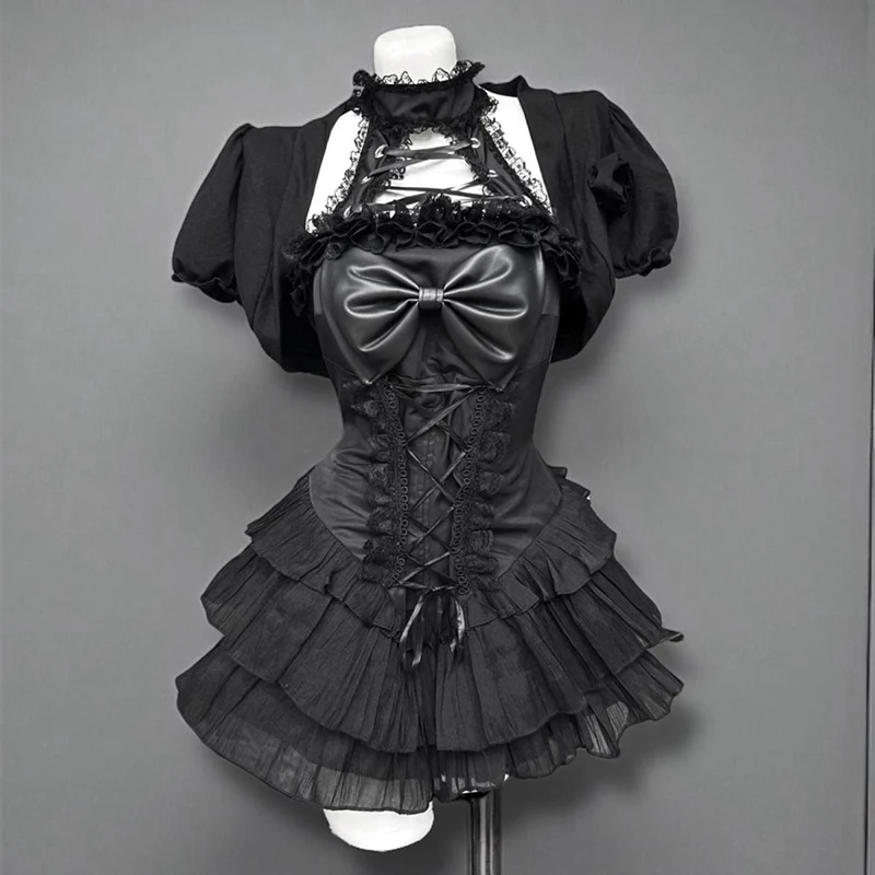 MEXZT Y2K Gothic Schwarzes Mini-Kleid Damen Harajuku Vintage Sexy Schleife Spitze Neckholder Kleider Lolita Party Rüschen Bodycon Vestidos Neu