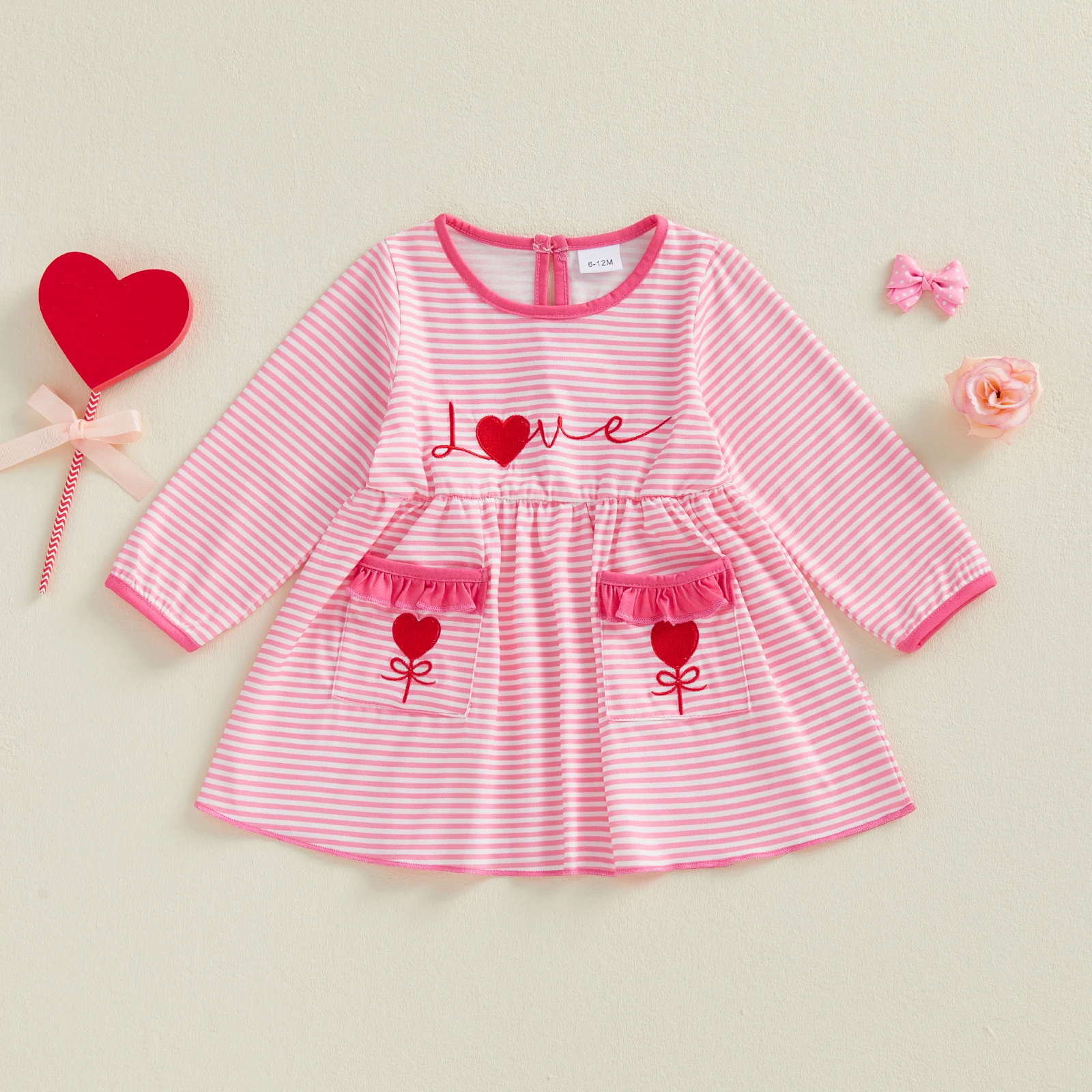 

Valentine s Day Heart Print Long Sleeve Round Neck Striped Dress for Girls with Embroidered Love Letters