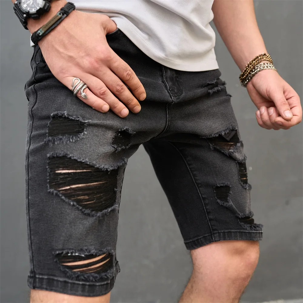 Mens Jeans Shorts 2023 New Trendy Retro Washed Perforated Knee Length Denim Shorts Large Size Ripped Jeans