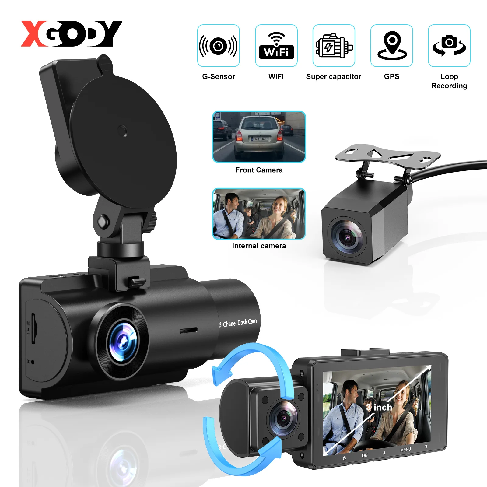 XGODY Car DVR 3-inch Dash Camera HD Dual Car Video 2K 3-Channel  Bulit-in WiFi GPS Front And Rear Night Vision