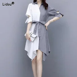 Women New Korean Asymmetrical Patchwork Dress Belt Fashion Solid Color All-match V-neck Office Lady Simplicity Clothing 2022