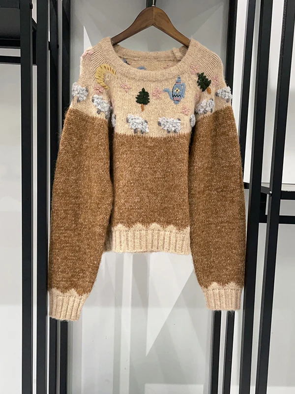 

Handmade Early Spring Ladies Knitted Sweater round Neck Color Block Floral Sheep Design Polyester Wool Cashmere Blend Long Sl...