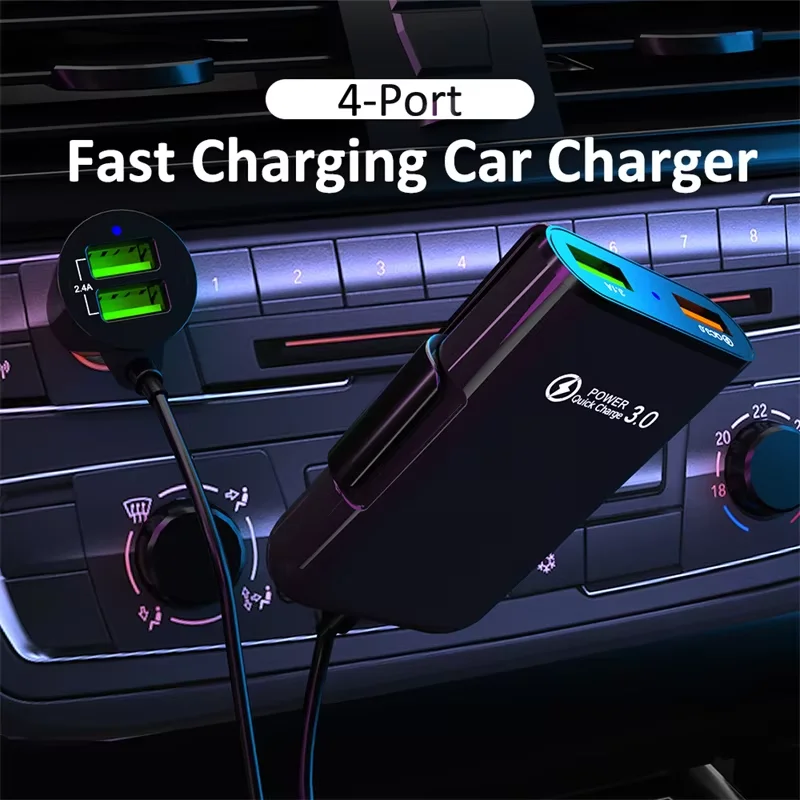 

Кабель-удлинитель для быстрой зарядки QC3.0 с 4 USB-портами для iPhone 17/16, автомобильное зарядное устройство для видеорегистратора