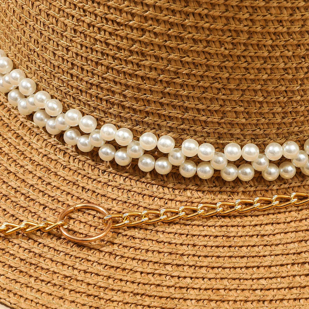 2022 Designer Chain Necklace Sun Hats With Pearl For Women Summer Foldable Beach Hats Ladies Fashion Party Hat Wholesale