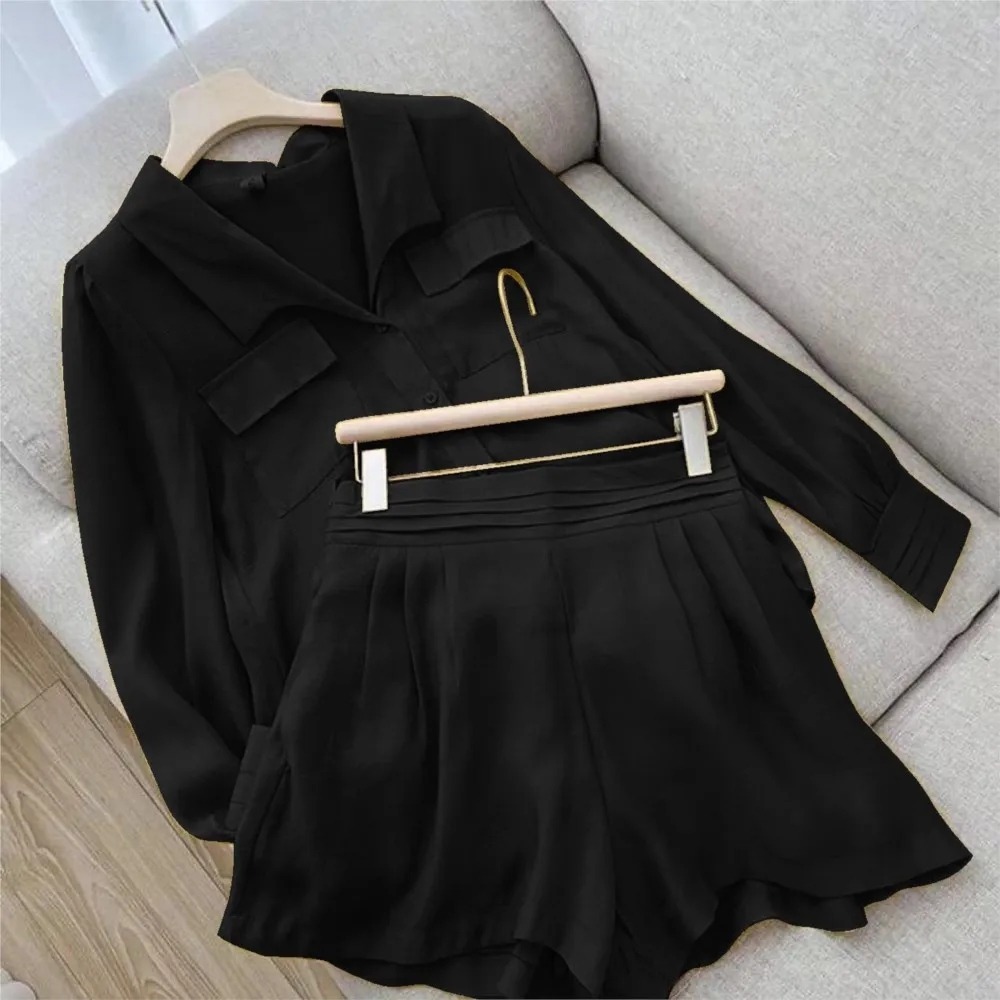 Spring Shirt Two Piece Set For Women Summer Shorts 2 Piece Sets Suits Solid Color Long Sleeve Shirt Short Casual Outfits Female