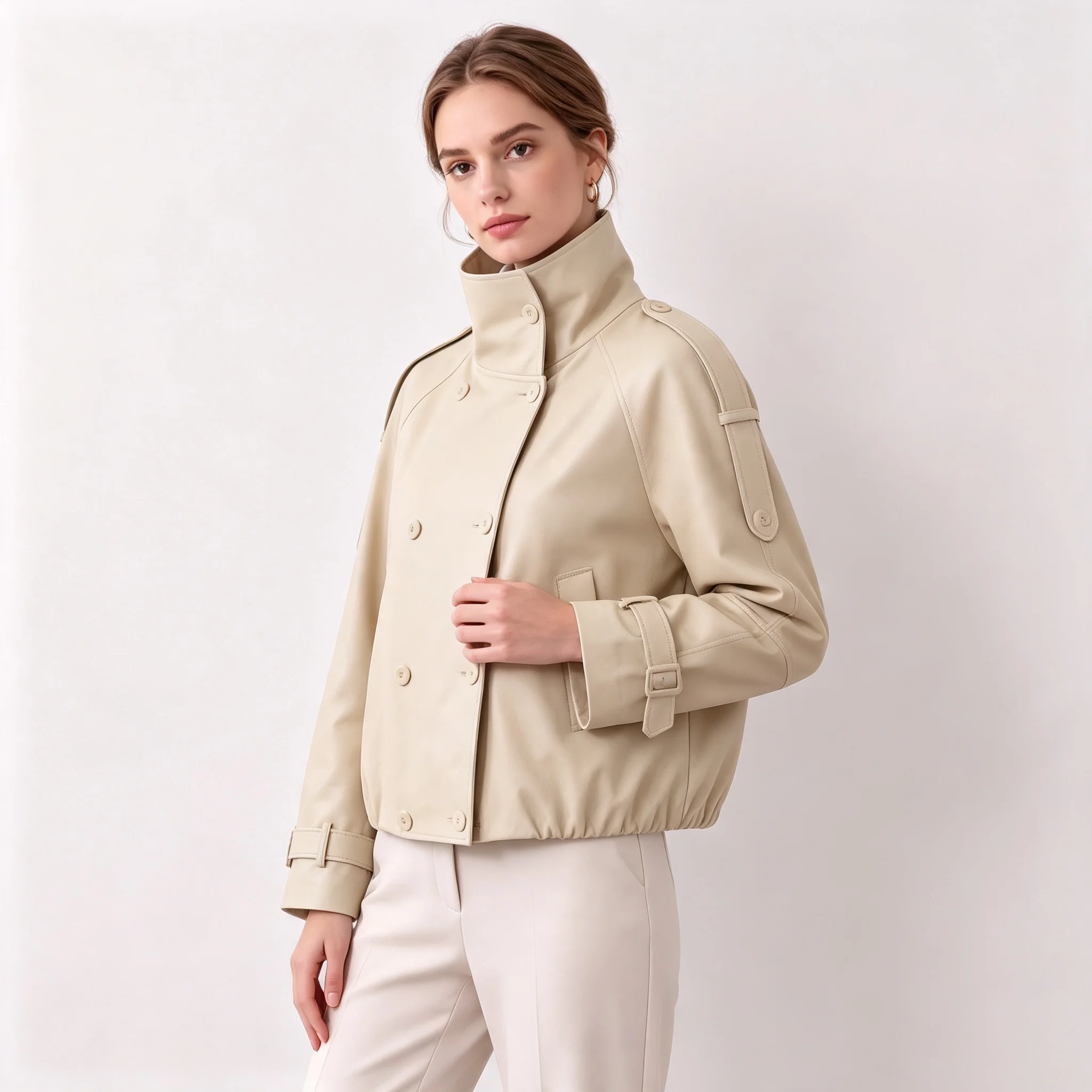1PUAL Women High Stand Collar Cropped Jacket, Double Breasted Elastic Hem Coat With Epaulets Cuff Strap