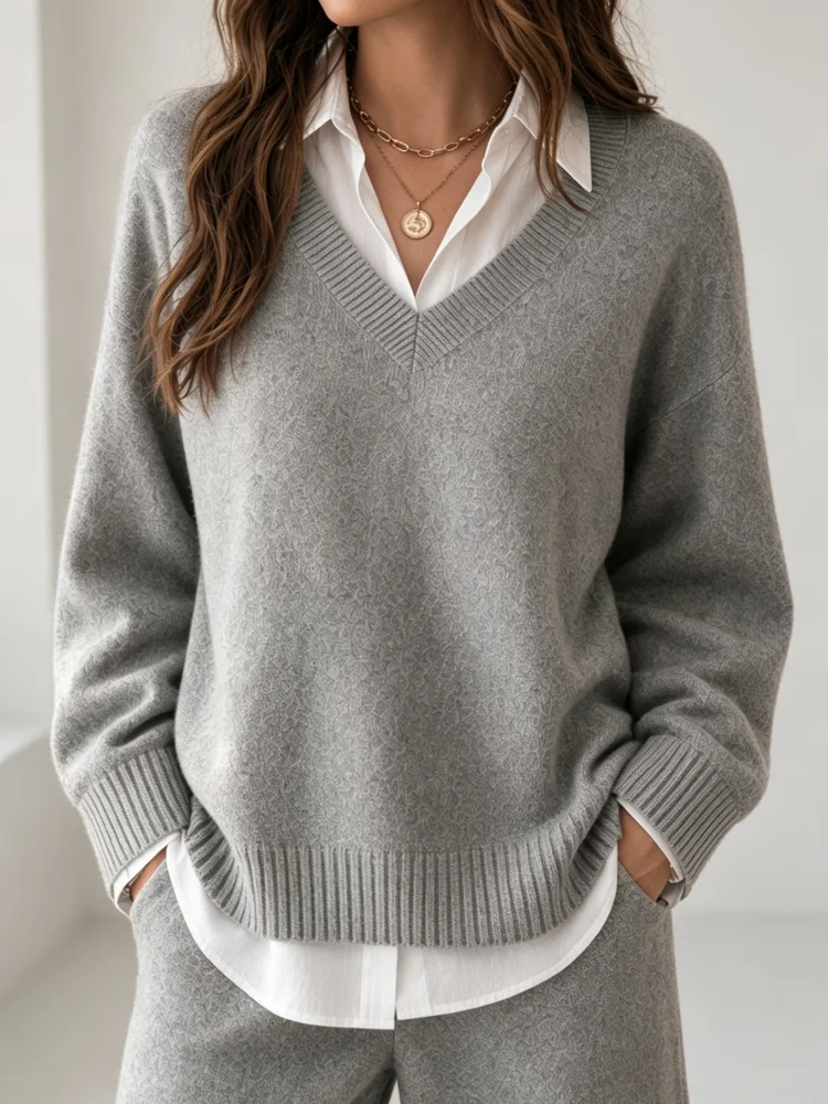 Women’s V Neck Knit Sweater, Gray Long Sleeve Pullover with White Shirt Splicing, Ribbed Cuffs and Hem, Casual Fall Top