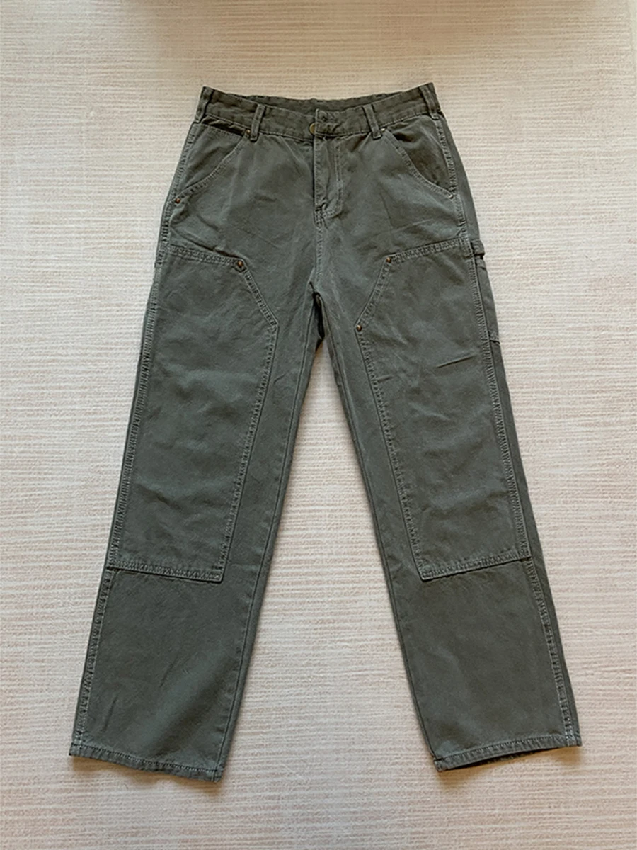 

Military een Rivet Workwear Pants Men Spring Autumn Cleanfit Double Knee Logging Loose Casual Micro Flared Straight Leg Pants