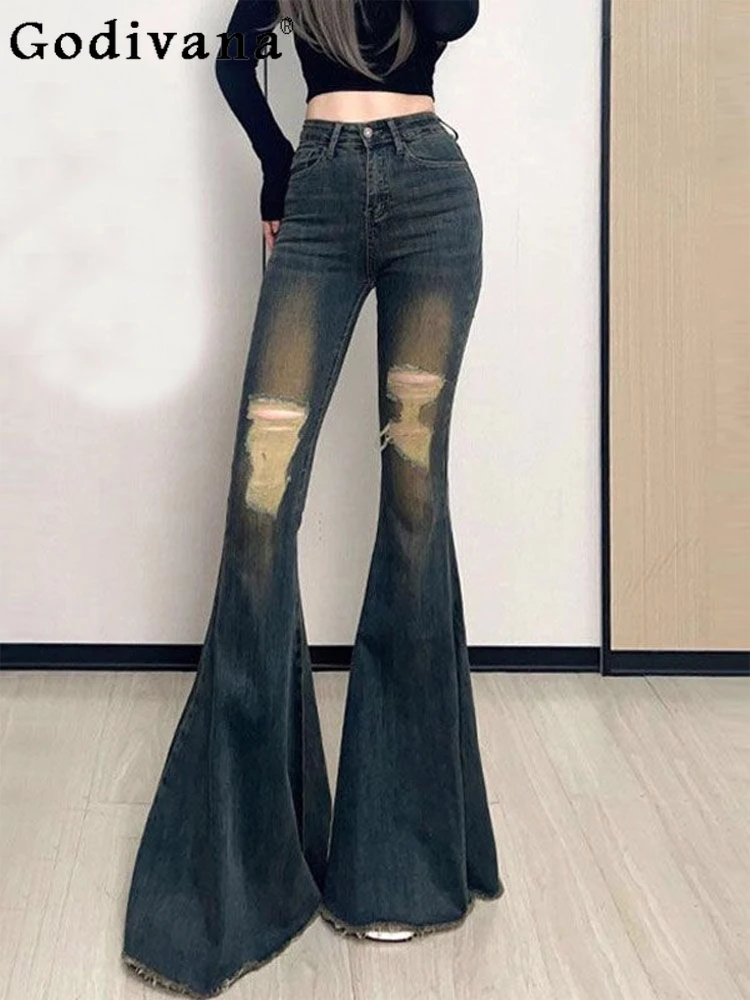 

Large Size 2XL-6XL American High Street Sexy Blue Bootcut Jeans Women's Spring Autumn Versatile High Waist Korean Ripped Pants