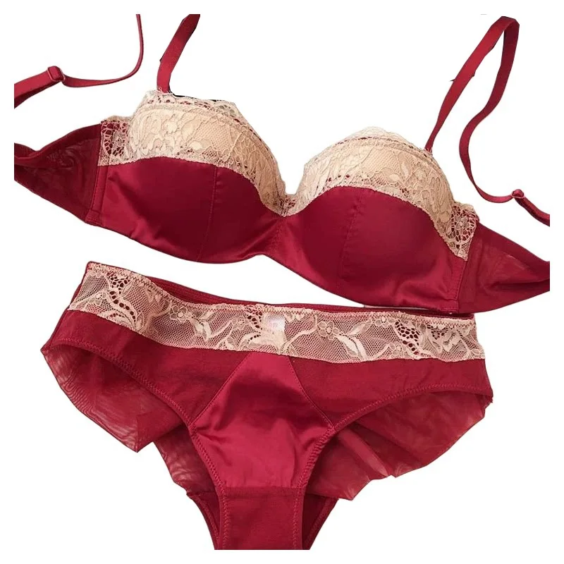 

Women Lingerie Set Lace 1/2 Thin Cup Push Up Intimate Seamless Gathered Romantic French Adjustable Strap Underwear Set