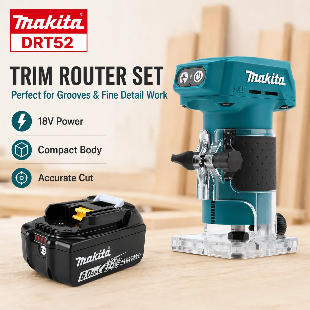 Routeur compact sans fil Makita DRT52 alimenté par une technologie de batterie lithium-ion LXT 18 V mature, adapté à la réalisation d'une grande variété de missions de finition de précision multi-tâches et de rainurage du bois.