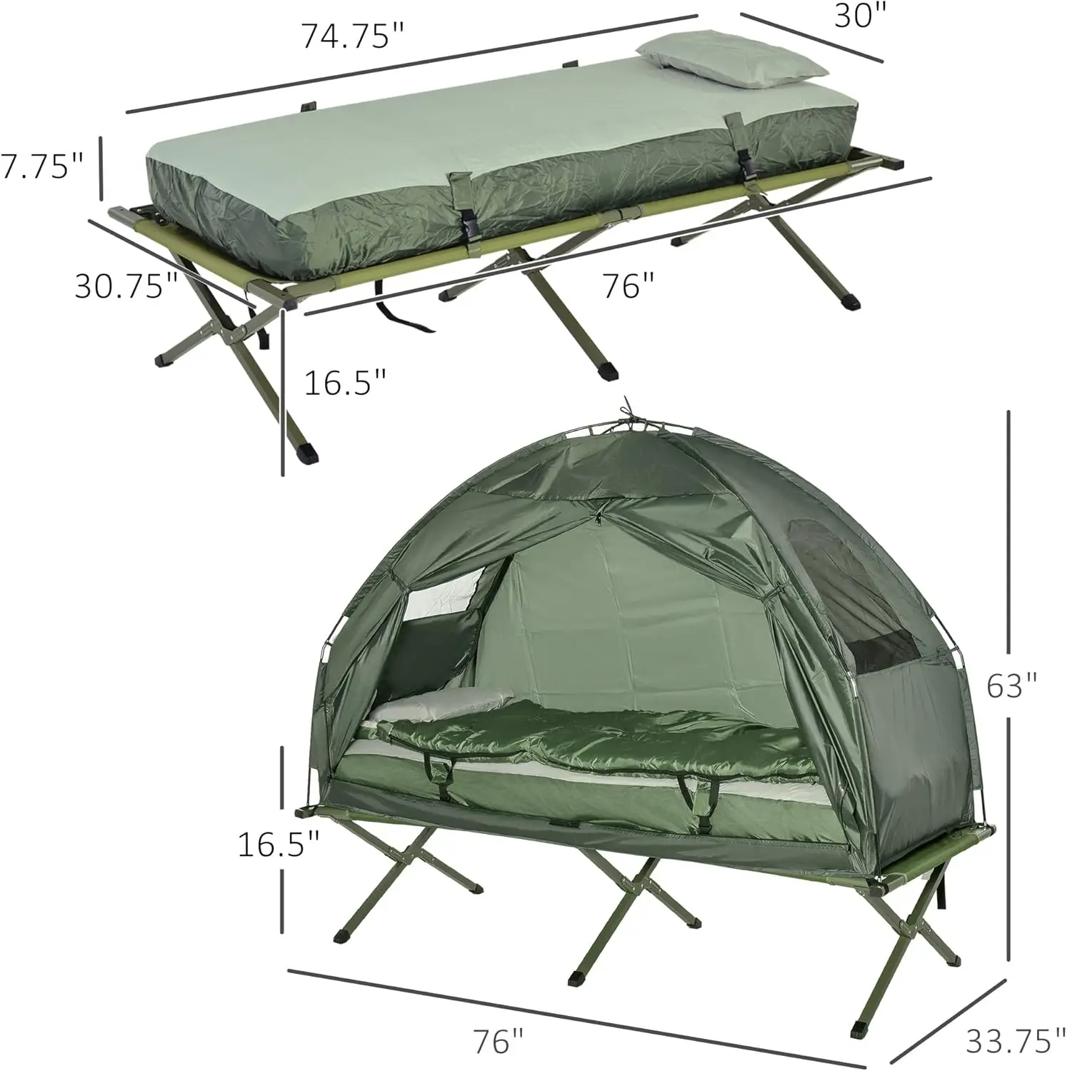 Multifunctional Folding Camping Cots for Adults, Elevated Tent with Sleeping Bag,Thick Air Mattress Pad, Single Sleeping Camping