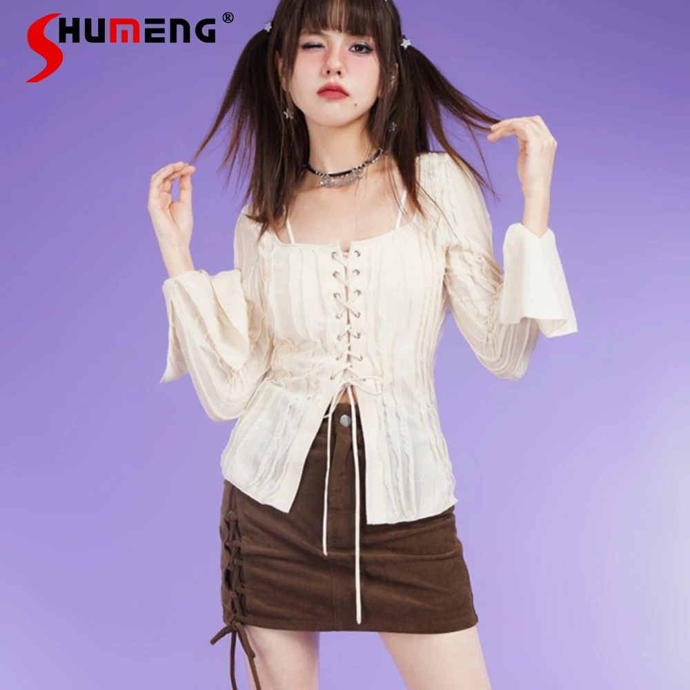 

Fall 2023 New Apricot Color Lace-up Bell Sleep Comfortable Blouse Socialite Style Slim Fit Solid Color Shirt Top Blusas De Mujer