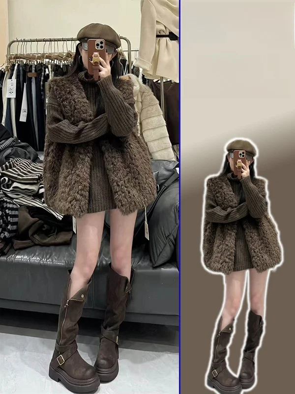 

plus Size Women's Lamb Fur Vest Jaet Knitted Long Sve Overalls Casual Faion Set High Collar Warm Cozy Spring Autumn