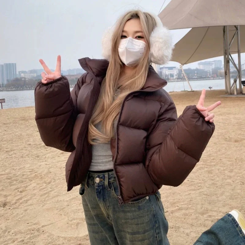 2025 Casual Cropped for Women Winter New Loose Stand Collar Thick Warm Quilted Jacket Versatile Zipper Long Sleeve Bread Coat