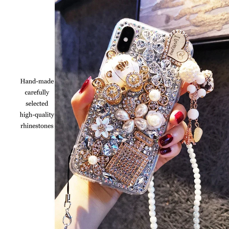 Acrylic Perfume Bottle Full of Diamonds, Bling Glitter, Luxury Phone Case for iPhone 15, 14, 13, 12, 16 Pro Max, XR, 16Plus