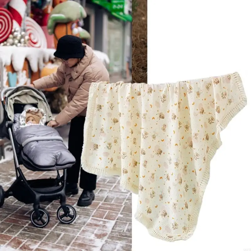 Q6PD 2-Layer Baby Swaddles Blanket with Fringe, Soft & Breathable Cotton Bath Towel Newborns Wrap Cloth Thin Quilt 110x110cm