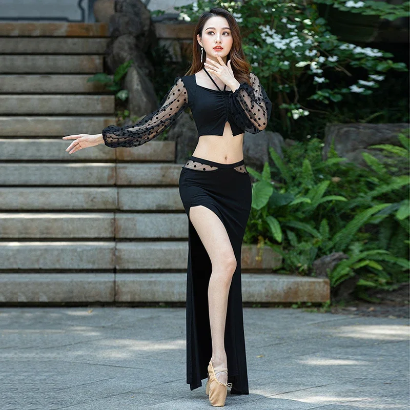 

Belly Dance Costume Set Long Sleeves Top+split Skirt 2pcs Female Practice Skirt Oriental Clothes Set Girl Belly Dancing Outfit