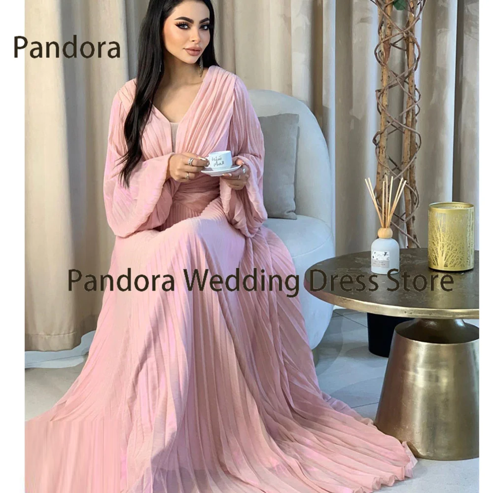 Pandora V-neck floor-length formal evening dress with full sleeve pleated ball gown, Arab Lady birthday wedding party dress