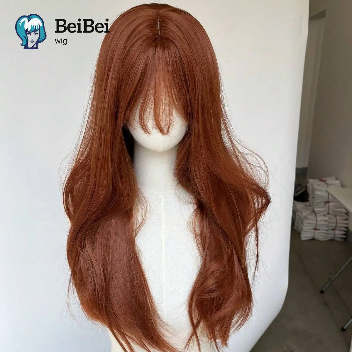 Ginger Long Straight Cosplay Party Wigs Wear and Go Wig Rose Mesh Net with Fringe Copper Red Soft Synthetic Wig Heat Resistant
