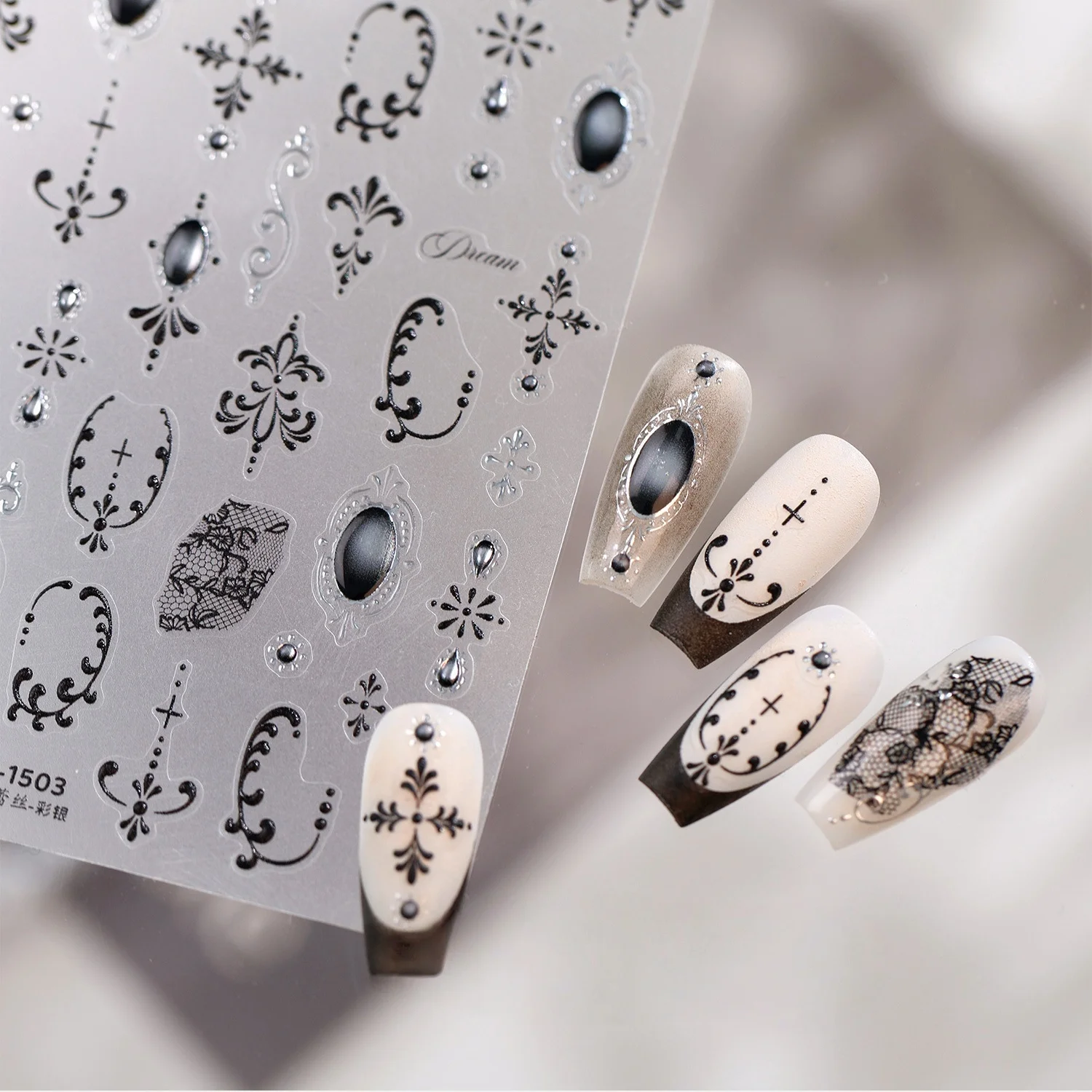 Black Vintage Lace Scrollwork 5D Nail Sticker Luxurious European Curly Grain Oval Fake Gem Hollow Court Lace Self Adhesive Decor