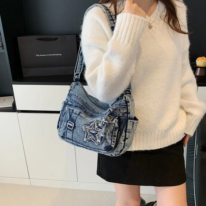 

Star Denim Women's Bag Multi Pockets Shoulder Bag Jeans Messenger Bag Y2K Eco Bag Korean Shopper Cowboy Handbag Vintage Hobo Sac