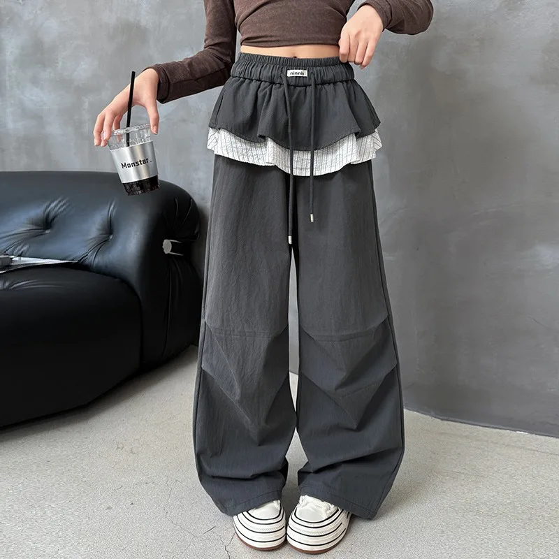 Gerade Hosen für Kinder und Mädchen von UNITIM, 4–14 Jahre, Patchwork-Hosen für Kinder und Mädchen, lockere, lässige Hosen für junge Teenager, Mädchen mit weitem Bein – Detail 1