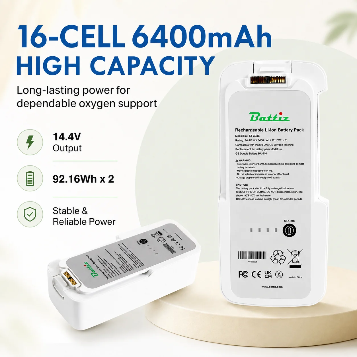 BA-516 Replacement Battery 6.4Ah (16-cell) Perfect Compatible With Inogen One G5 Rove 6 Oxygen Concentrator Double Next Battery