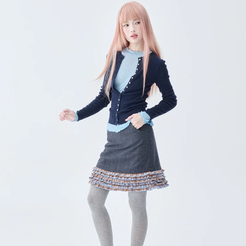 กระโปรงทรงเอลายสก็อตแต่งระบายสไตล์วิทยาลัยอเมริกันย้อนยุค  ผ้าลูกไม้ต่อผ้า  สำหรับผู้หญิง  คอลเลคชั่นฤดูใบไม้ร่วง-ฤดูหนาว  ใหม่ล่าสุด