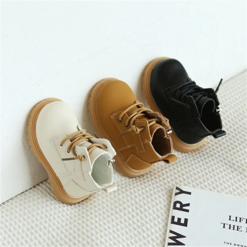 2024 New Spring/Autumn Baby Boots Leather British Style Boys Fashion Boots Rubber Sole Zip Side Toddler Girls Ankle Boots 15-25