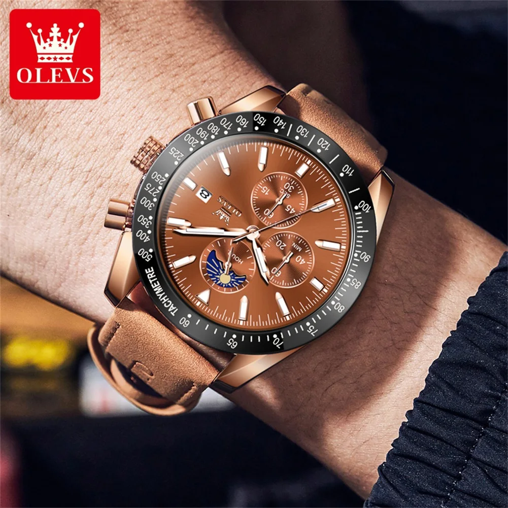 OLEVS-reloj de cuarzo para hombre, cronógrafo multifuncional resistente al agua, con correa de cuero marrón, fase lunar, marca de lujo, Original,