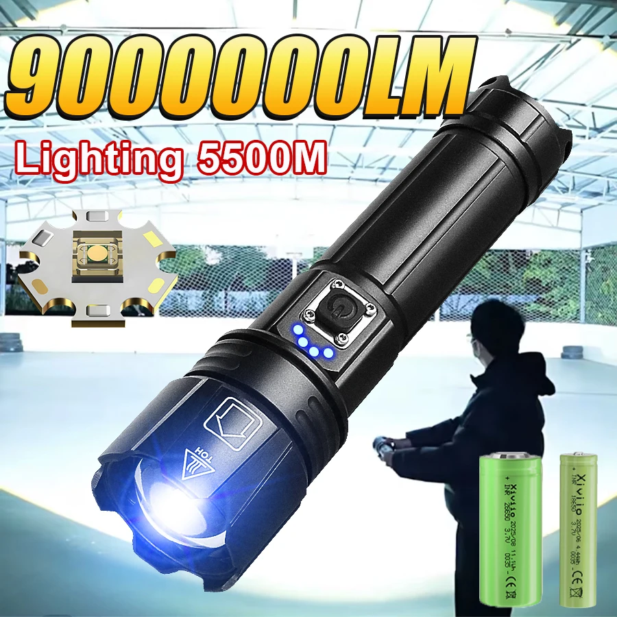 9000000LM ضوء قوي مصباح ليد جيب الترا برايت مصابيح قابلة للشحن IPX6 مقاوم للماء مصابيح كاشفة قابلة للتكبير مصباح التخييم في الهواء الطلق #1