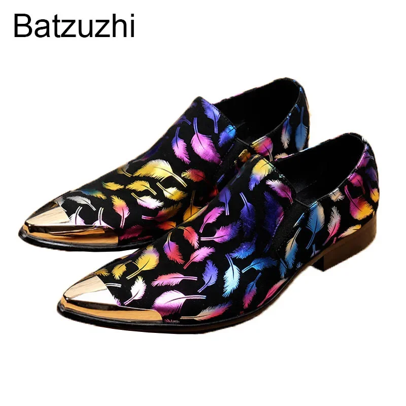 

Batzuzhi Italian Style Men Shoes Black Suede with Colorful Print Feathers Gold/Silver Point Metal Toe Men's Dress Shoes Wedding