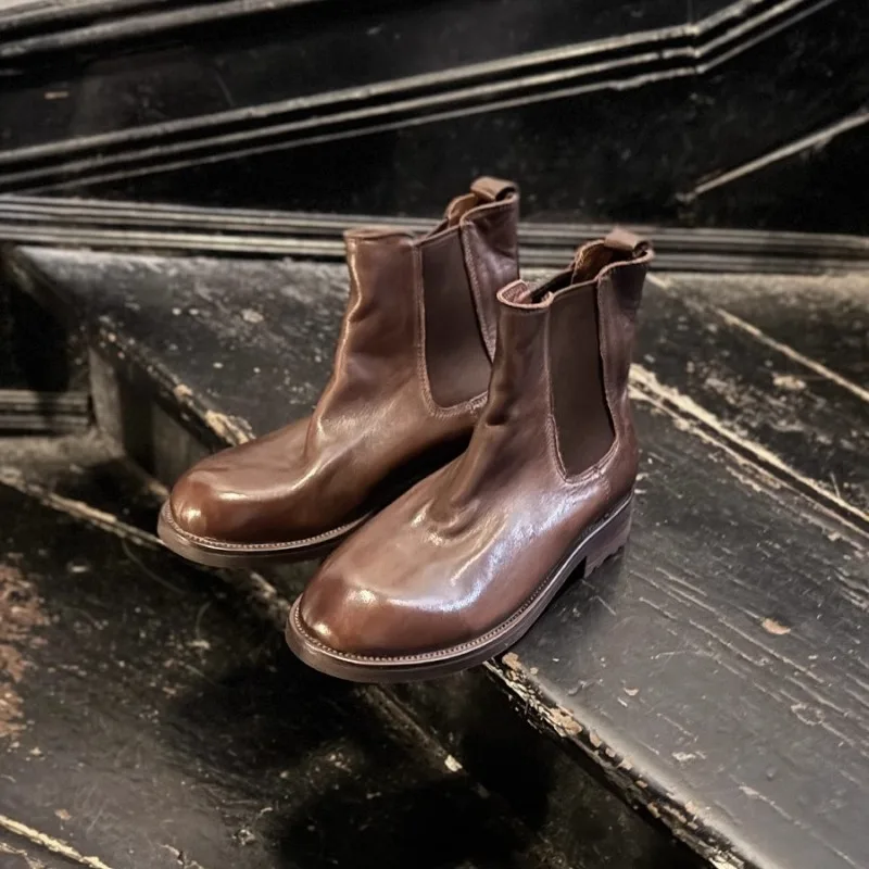 

Новые ботинки челси, женские ботинки из натуральной кожи на плоской подошве, винтажные плиссированные повседневные мотоциклетные туфли без шнуровки, женские ботильоны