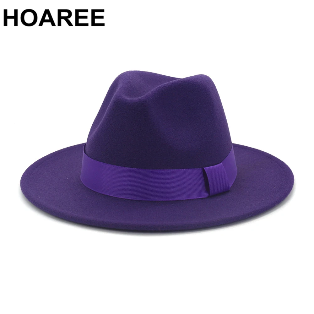 Hoaree chapéus de feltro de lã roxa jazz tipo fedora, chapéus com aba larga para homens e mulheres, estilo britânico, chapéu panamá formal, chapéu